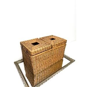 Vintage Boho Rectangular Wicker Storage Basket With Double Bins And Lids, Vintag